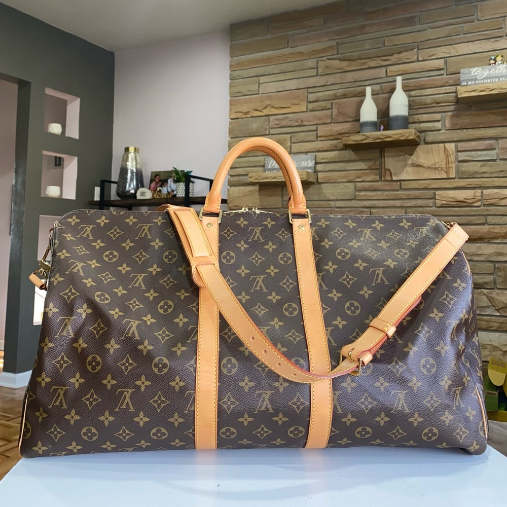 Louis Vuitton Brown Monogram Keepall Bandoulière Travel Bag with Tan Leather